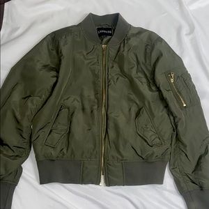 EXPRESS Dark Green Bomber Jacket with gold detail